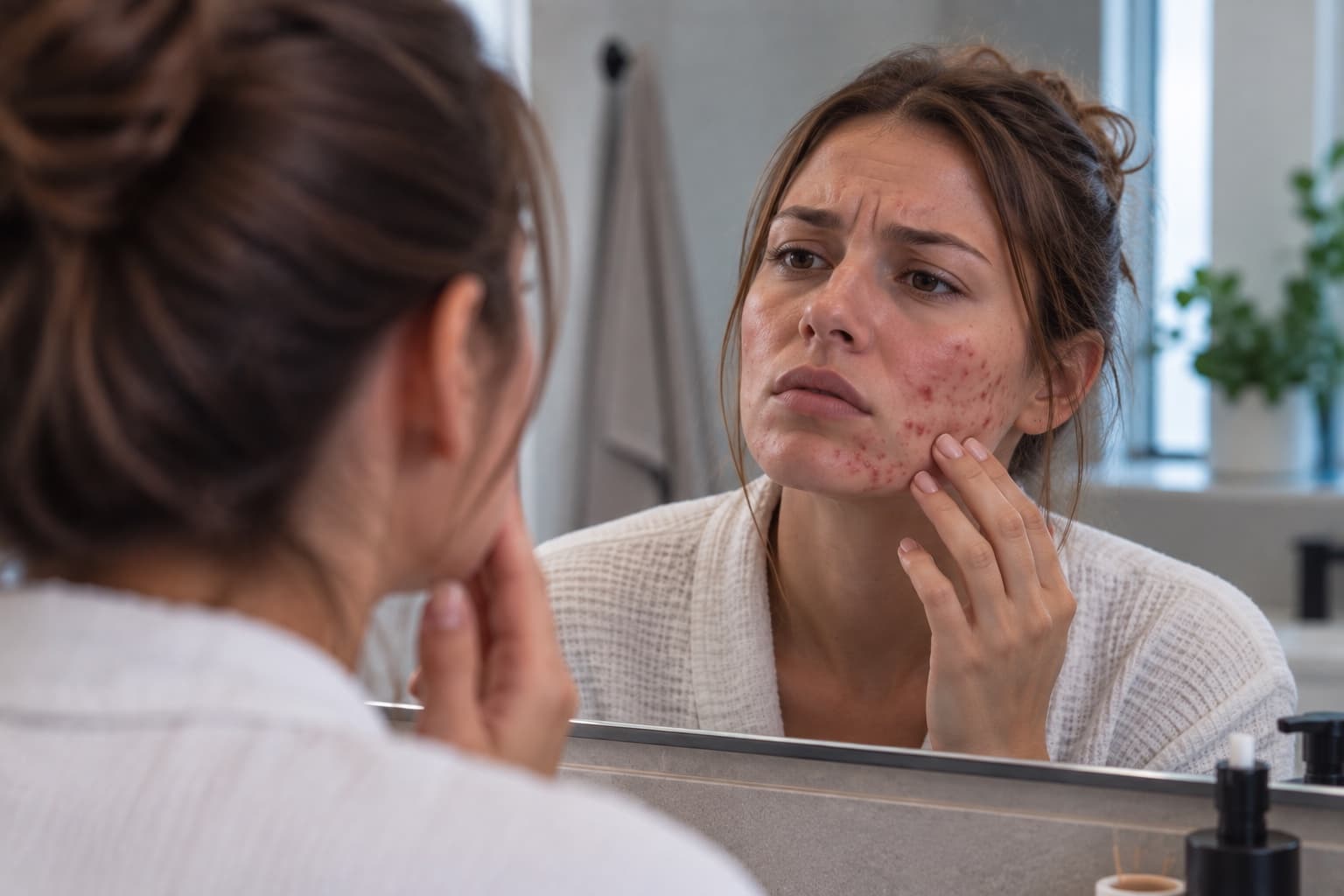 Vrouw kijkt in de spiegel naar haar huid met acne