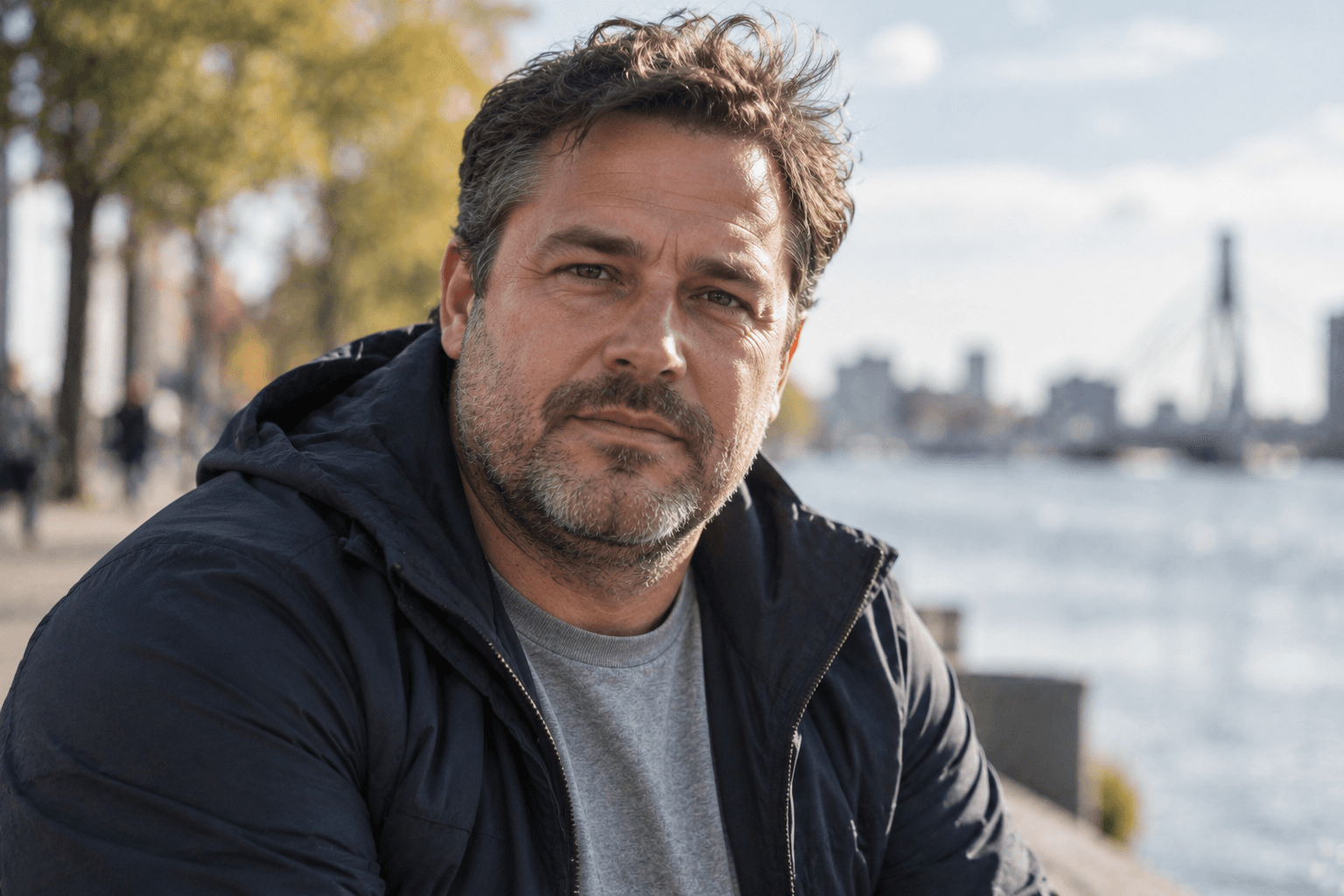 Man buiten bij de rivier, nadenkend over zijn gewicht