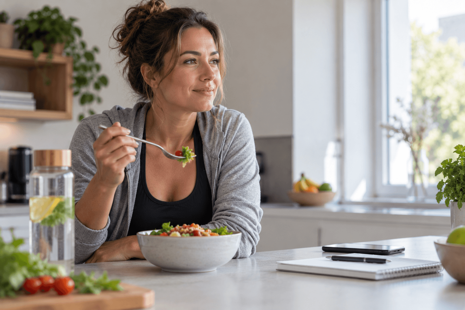 Vrouw eet bewust een gezonde salade in haar keuken