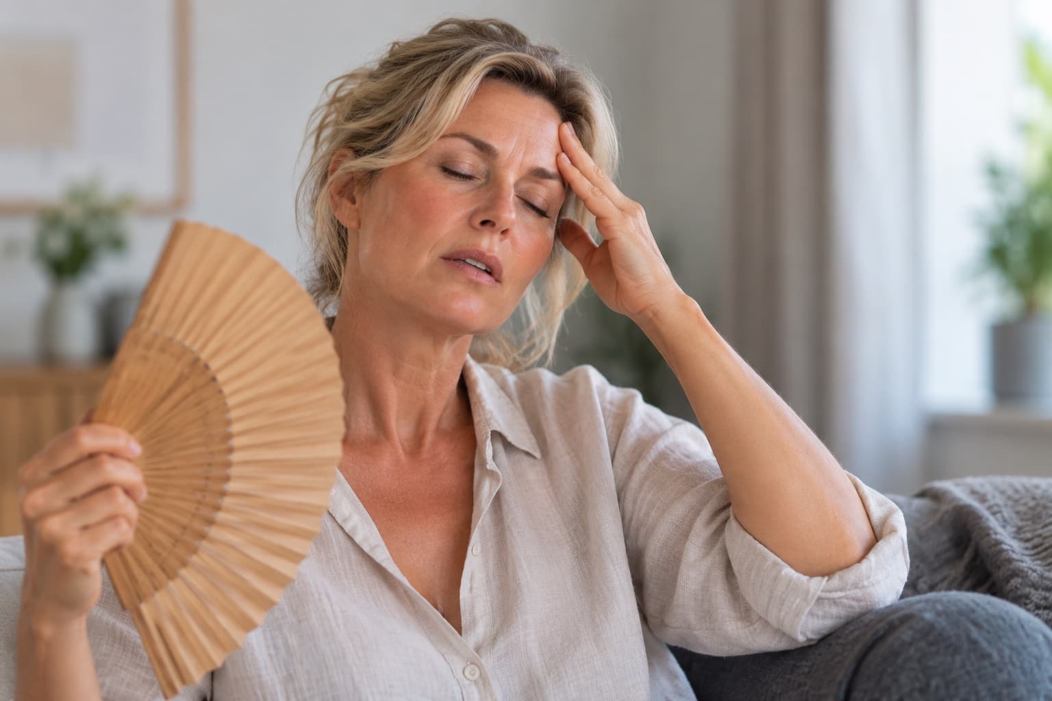 Vrouw met een waaier die last heeft van opvliegers